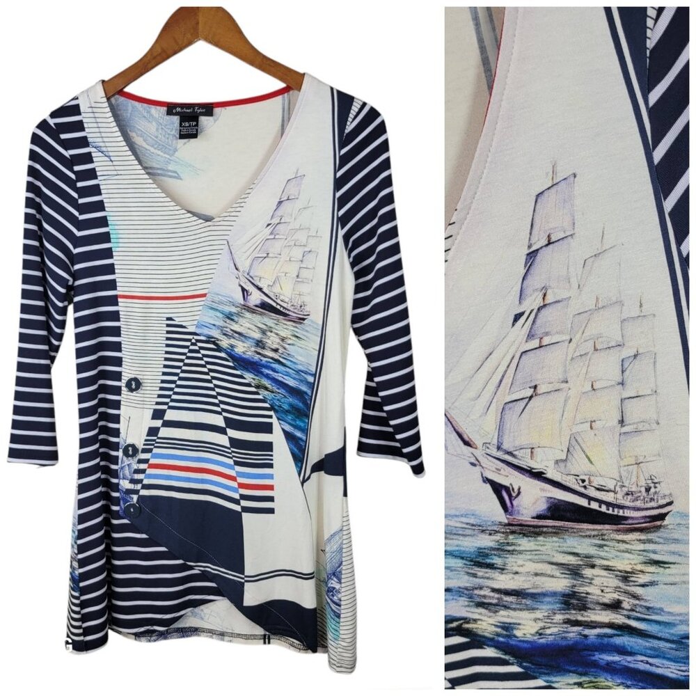 Michael Tyler Tunic Top Size XS Nautical Sailboat Stretch Beach Womens Stripe